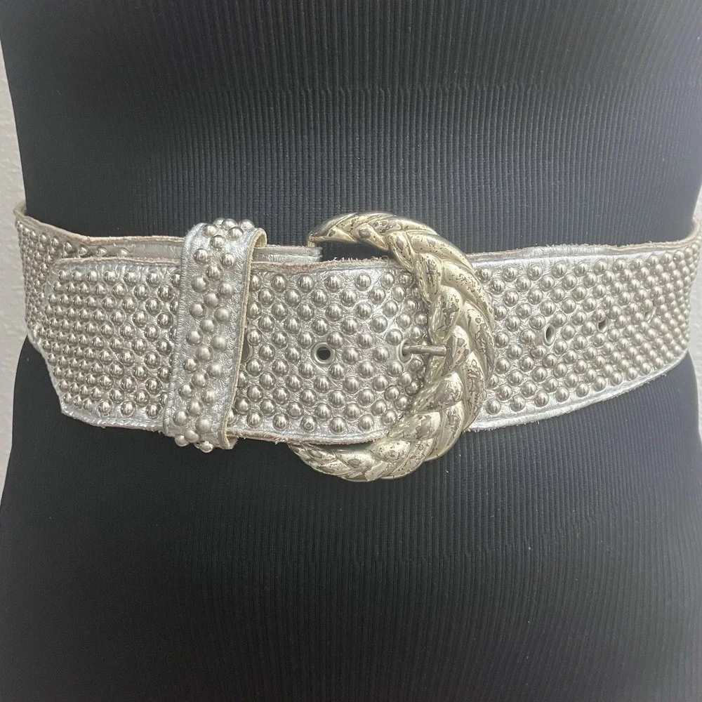 VTG Sand Castle New York Leather Belt Silver Studded Wide 80s Glam Rock 25-31